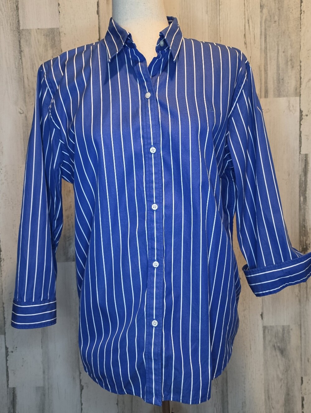 Lauren Ralph Lauren Women XL Blue White Stripe Button Down Shirt Preppy Classic
